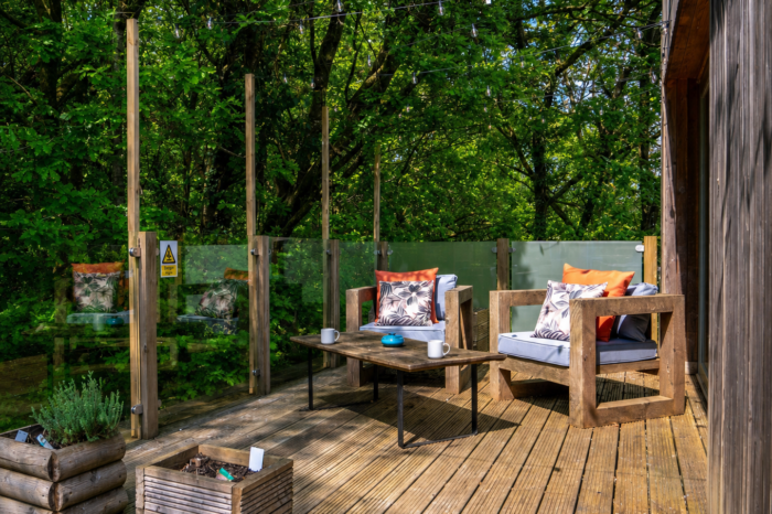 Eco lodge with private hot tub at night, Brecon View, South Wales